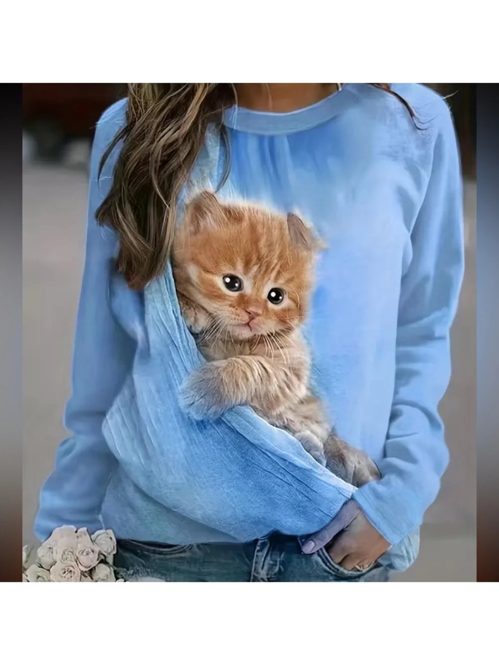 Cute Kitten Pocket Blue Cat long sleeve shirt